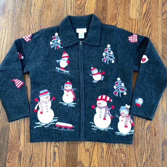 Talbots Sweaters - TALBOTS | Snowman Holiday Zippered Cardigan, Charcoal Grey w/ Appliqués | Sz M